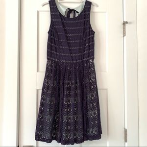 Anthropologie navy/teal lace overlay midi dress